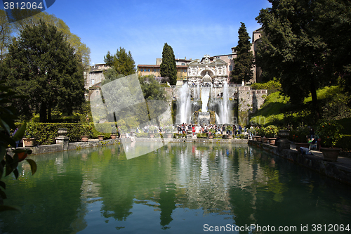 Image of TIVOLI, ITALY - APRIL 10, 2015: Tourists visiting Fountain of Ne