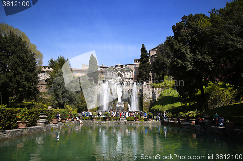 Image of TIVOLI, ITALY - APRIL 10, 2015: Tourists visiting Fountain of Ne