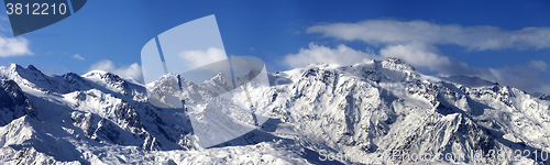 Image of Panoramic view on snowy mountains in nice sunny day