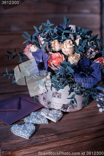 Image of beautiful bouquet flowers and hearts 