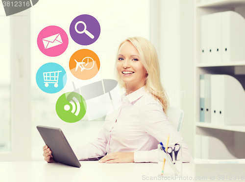 Image of smiling businesswoman or student with tablet pc