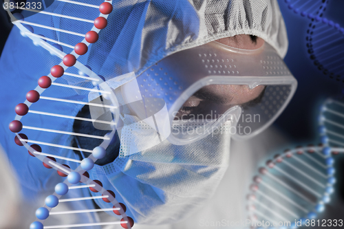 Image of close up of scientist face in chemical lab