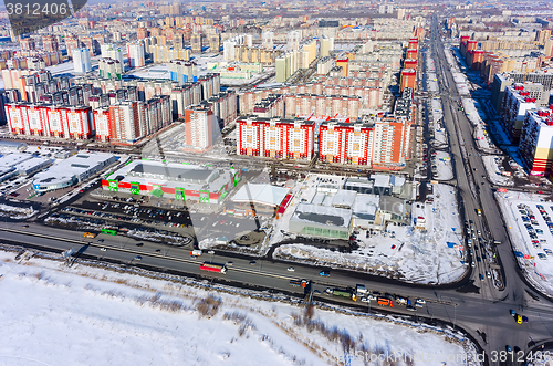 Image of Bird eye view on market and houses. Tyumen. Russia