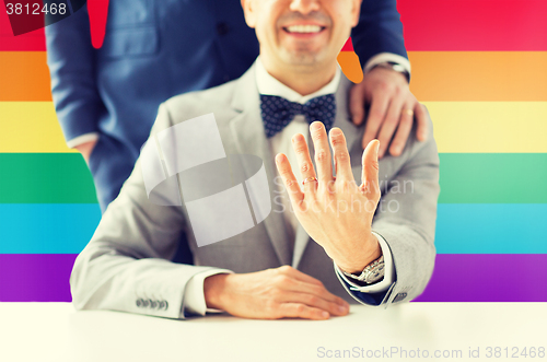 Image of close up of male gay couple with wedding rings on