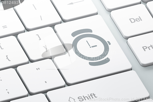 Image of Timeline concept: Hand Watch on computer keyboard background