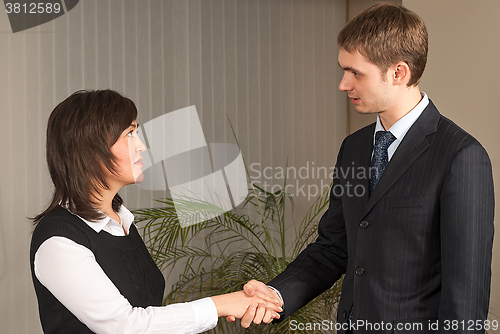 Image of Business man and woman handshake in office