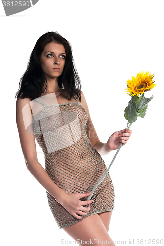 Image of Pretty nude girl in net dress with sunflower