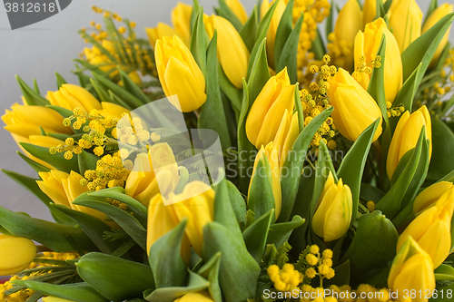 Image of Bright spring bouquet of tulips and mimosa flowers