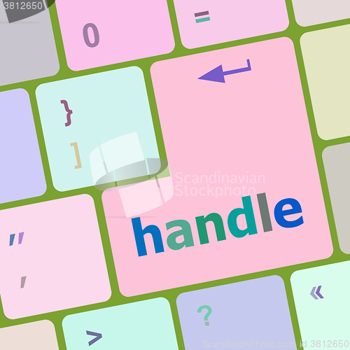 Image of computer keyboard with words handle on enter button vector illustration