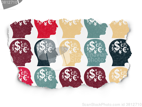 Image of Advertising concept: Head With Finance Symbol icons on Torn Paper background