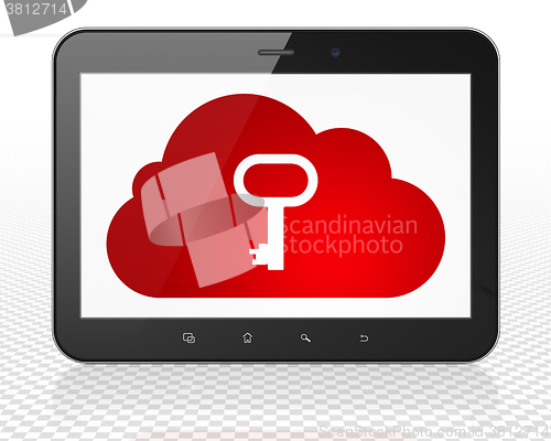 Image of Cloud computing concept: Tablet Pc Computer with Cloud With Key on display