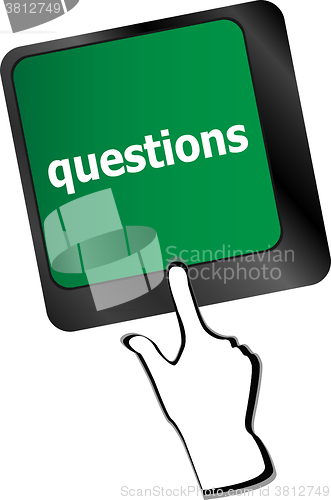 Image of Computer keyboard key with key questions, closeup