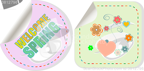 Image of Welcome Spring Holiday Card. Welcome Spring Vector. Welcome Spring web button isolated on white. Spring Holiday Graphic. Welcome Spring Art. Spring Holiday Drawing