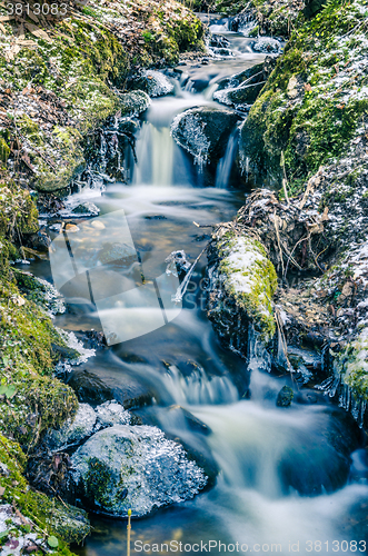 Image of The flow of water in the spring of icicles and ice