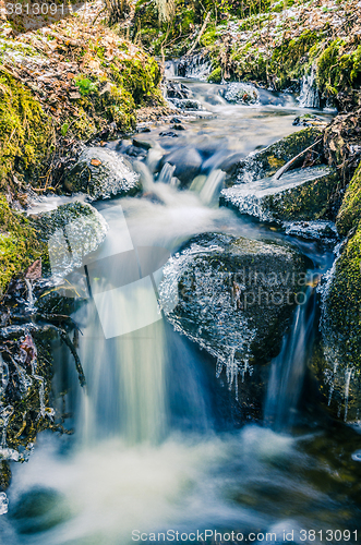 Image of The flow of water in the spring of icicles and ice