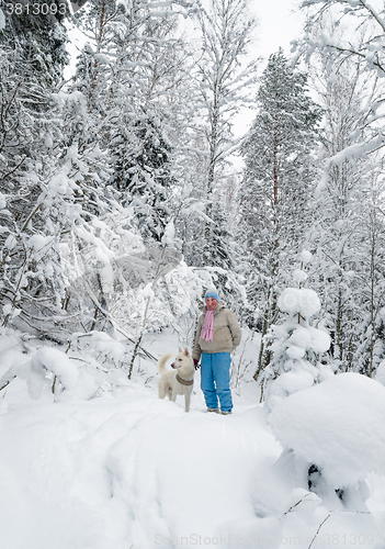 Image of The woman with a dog on walk in a winter wood