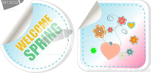 Image of Welcome Spring Holiday Card. Welcome Spring Vector. Welcome Spring web button isolated on white. Spring Holiday Graphic. Welcome Spring Art. Spring Holiday Drawing