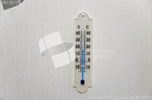 Image of Single thermometer at a wall