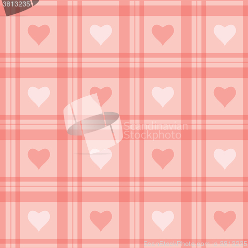 Image of seamless background. Pink checkered wallpaper with hearts.