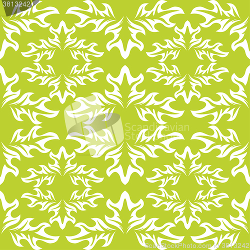 Image of seamless background. Green wallpaper with white leaf pattern