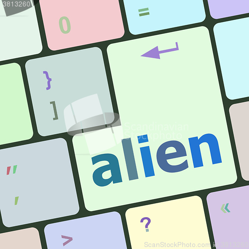 Image of alien on computer keyboard key enter button vector illustration