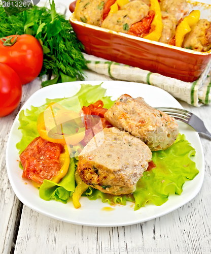 Image of Cutlets of turkey with lettuce in plate on board