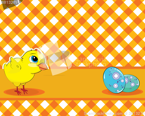Image of Vector Chicken and painted eggs on a checkered background. Easte