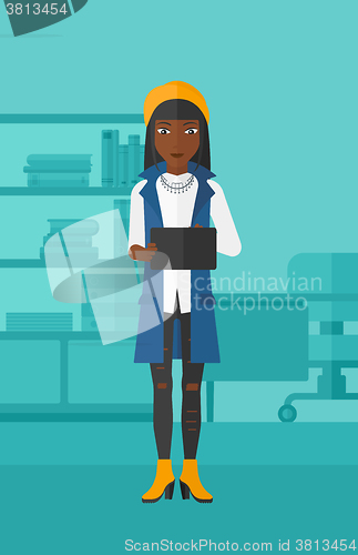 Image of Woman using tablet computer.