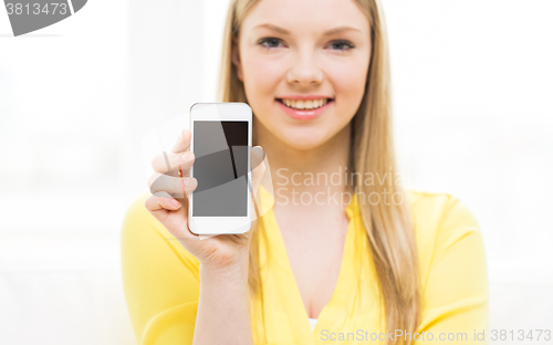 Image of close up of woman showing smartphone blank screen