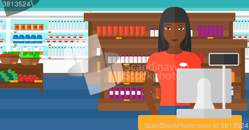 Image of Saleslady standing at checkout.