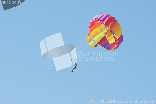 Image of Man floating in the sky on a parachute