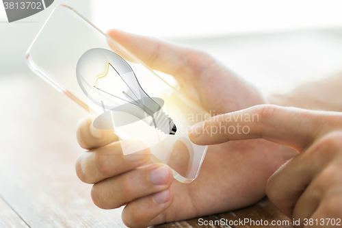 Image of close up of hand with light bulb on smartphone
