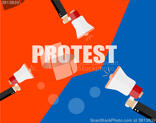 Image of Hands holding protest signs and bullhorn, crowd of people protesters background, political, politic crisis poster, fists, revolution placard concept symbol flat style modern design vector illustration