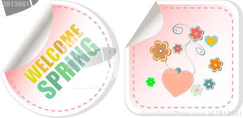 Image of Welcome Spring Holiday Card. Welcome Spring Vector. Welcome Spring web button isolated on white. Spring Holiday Graphic. Welcome Spring Art. Spring Holiday Drawing