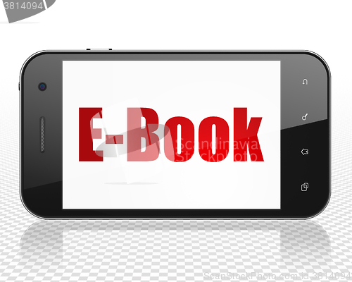 Image of Education concept: Smartphone with E-Book on display