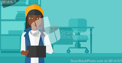 Image of Woman using tablet computer.