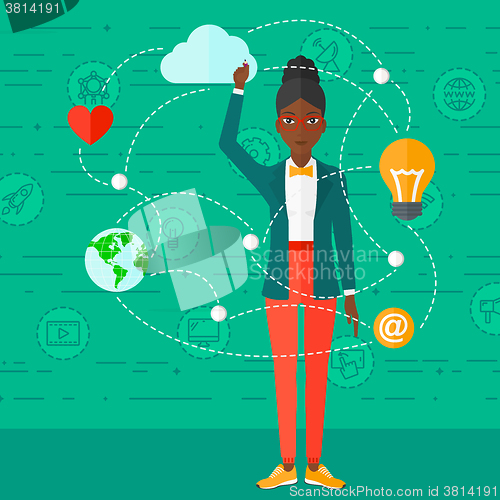 Image of Business woman and cloud computing.