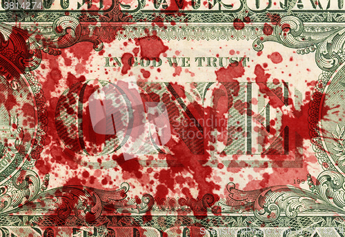 Image of US one Dollar bill, close up, blood