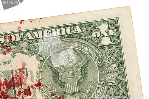 Image of US one Dollar bill, close up, blood