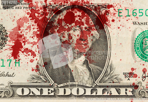 Image of US one Dollar bill, close up, blood