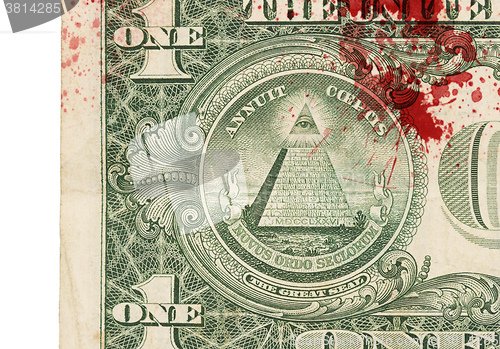 Image of US one Dollar bill, close up, blood
