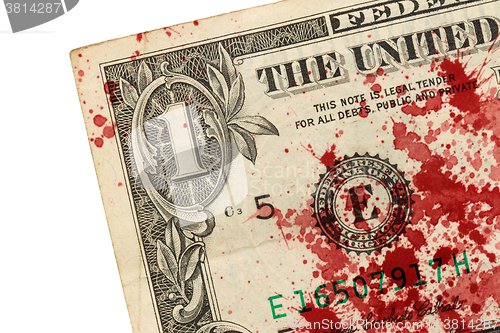 Image of US one Dollar bill, close up, blood