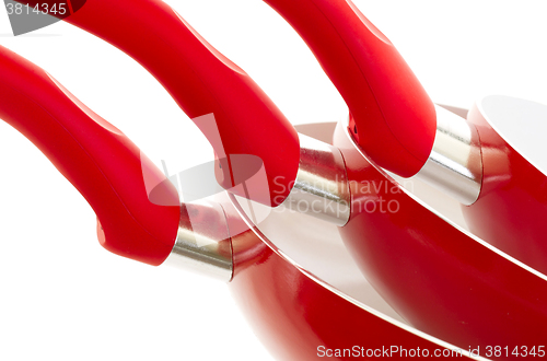 Image of Set of three frying pans, red