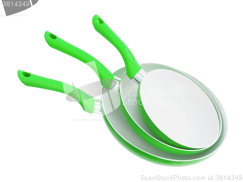 Image of Set of three frying pans, green