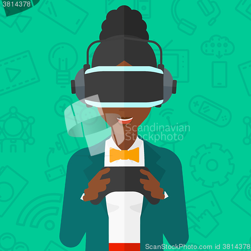 Image of Woman wearing virtual reality headset.