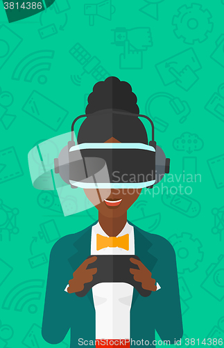 Image of Woman wearing virtual reality headset.