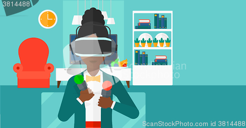 Image of Woman wearing virtual reality headset.