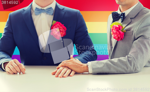 Image of close up of happy male gay couple holding hands