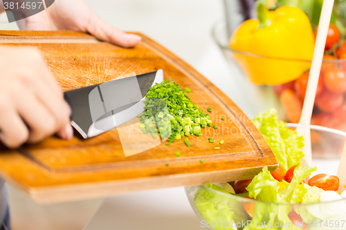 Image of close up of woman with chopped onion cooking salad