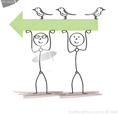 Image of two men and arrow with birds